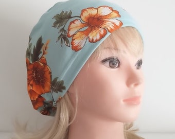 surgical euro cap, stretchy scrub cup, blue and orange flowers -