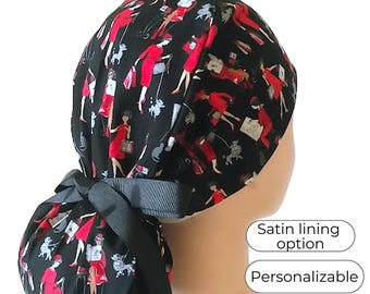 Love Paris Ponytail Scrub Caps for Women - Surgical Cap with Silky Satin Lining Option -