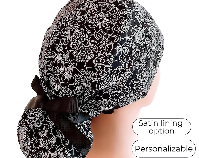 Floral Black/White Ponytail Scrub Cap for Women - Surgical Cap with Satin Lining Option - FifthCraftyStreet