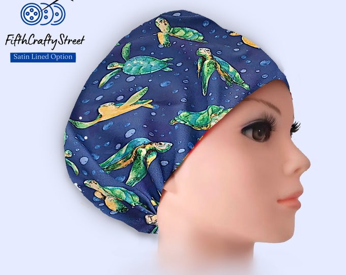 Sea Turtle - Euro Scrub Cap for Women - Adjustable - Satin Lined Scrub Cap - FifthCraftyStreet