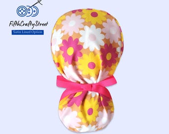 Floral Ponytail Scrub Cap for Women - Surgical Cap with Satin Lining Option - lightweight Cotton - FifthCraftyStreet