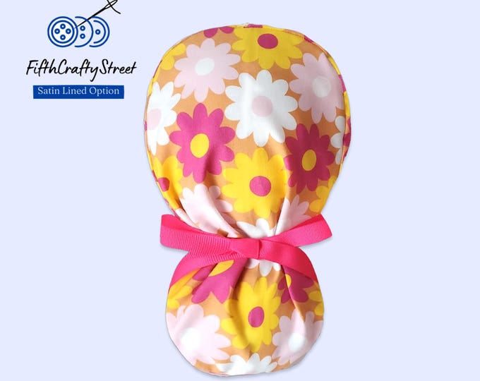 Floral Ponytail Scrub Cap for Women - Surgical Cap with Satin Lining Option - lightweight Cotton - FifthCraftyStreet