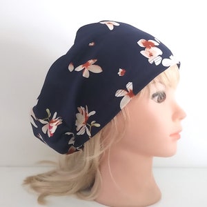 surgical euro stretchy scrub cup, navy flowers, handmade quick ship USA -