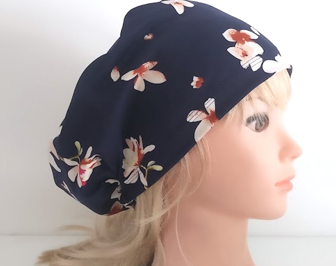 surgical euro stretchy scrub cup, navy flowers, handmade quick ship USA - FifthCraftyStreet