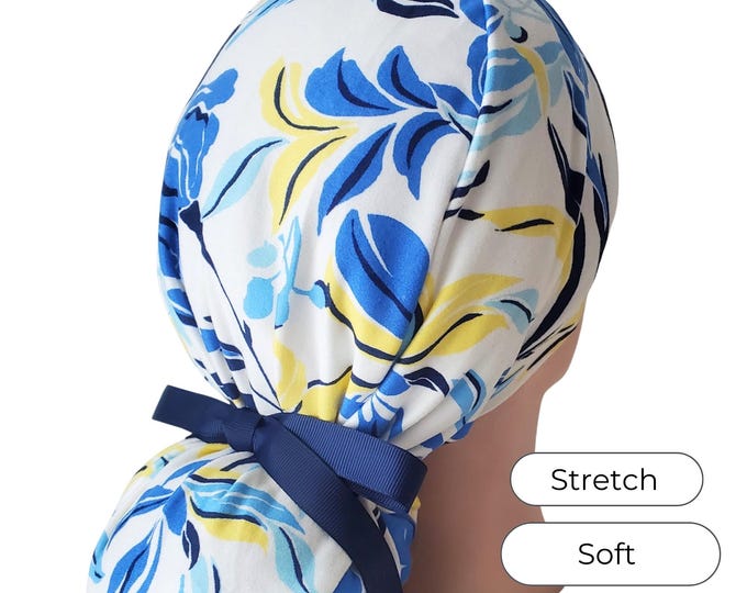 Stretchy Floral Ponytail Scrub Cap: Navy and White, Adjustable