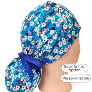 Ponytail Scrub Cap for Women - Surgical Cap with Satin Lined Option - Blue Floral -