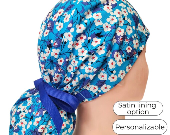 Ponytail Scrub Cap for Women - Surgical Cap with Satin Lined Option - Blue Floral - FifthCraftyStreet