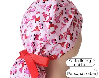 Valentine Gnome Print Scrub Caps for Women: Ponytail Scrub Cap Satin Lined option