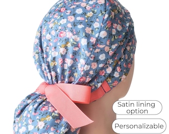 Floral Ponytail Scrub Cap: Cotton Surgical Cap with Buttons & Satin Lining