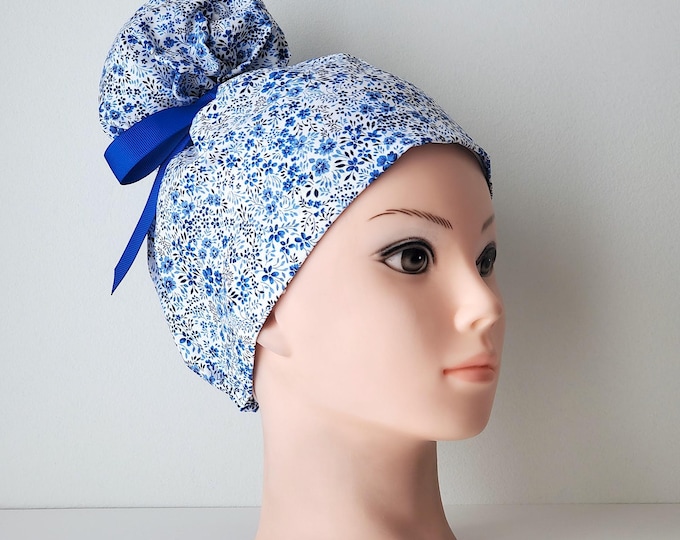 Scrub Caps High Bun, Ponytail scrub cap, cotton, Satin Lined option