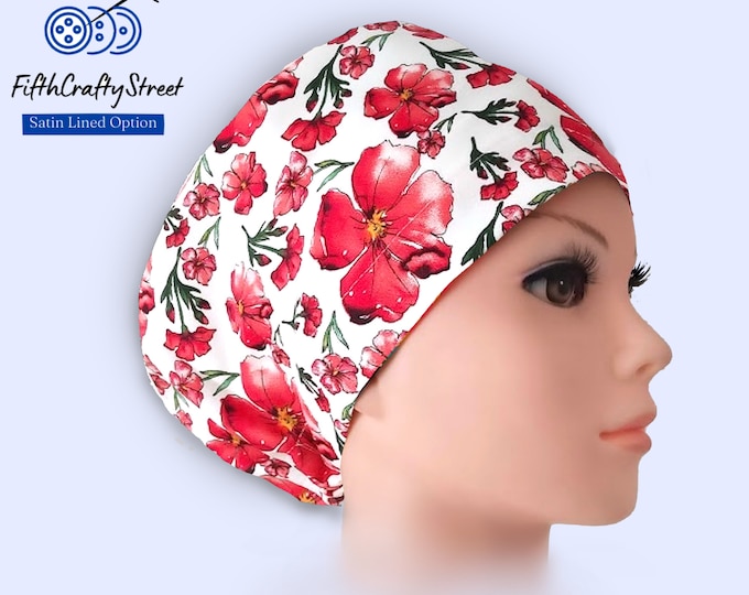 Euro Scrub Cap - Adjustable - Satin Lined option - Red White Floral - FifthCraftyStreet