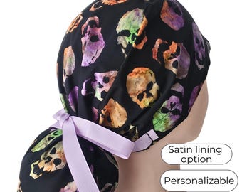 Scull Skeleton Halloween - Ponytail Scrub Cap for Women - Surgical Cap with Satin Lining option -