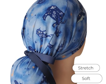 Stretch Ponytail Scrub Cap: blue constellation animal print adjustable medical cap