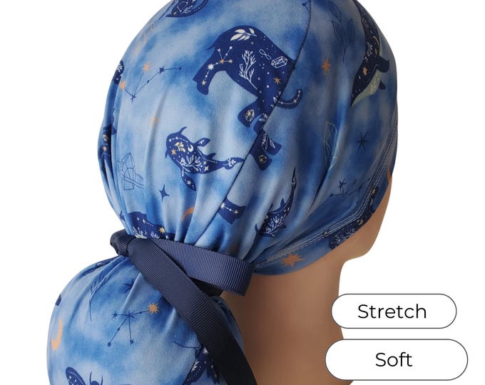 Stretch Ponytail Scrub Cap: blue constellation animal print adjustable medical cap