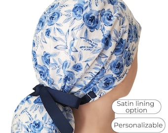 Ponytail Scrub Cap: Blue Rose Floral with Satin Lining Option