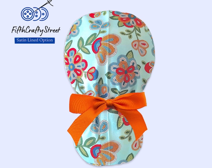 Surgical Cap for Women - Satin Lined Scrub Cap - Ponytail style - Tucson Turquoise - FifthCraftyStreet