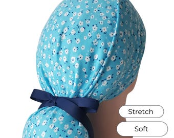 Stretch Ponytail Scrub Cap for Women: Aqua Mini Floral, Soft Lightweight, Adjustable