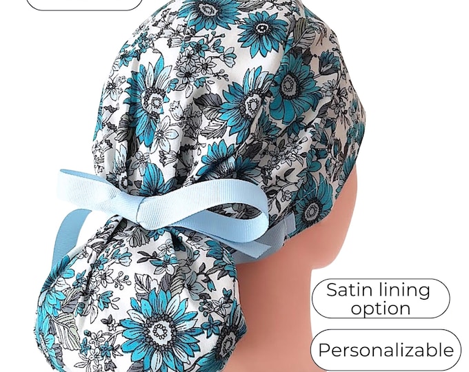 Ponytail scrub cap for Women  - Surgical Cap with buttons and Satin Lined Option - FifthCraftyStreet