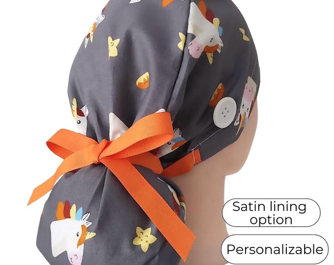Unicorn Ponytail Scrub Cap for Women - Satin Lined Option Surgical Cap - FifthCraftyStreet