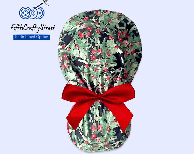 Christmas Ponytail Scrub Cap for Women - Satin Lined Surgical cap option - FifthCraftyStreet