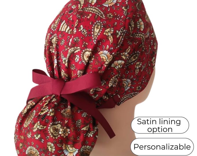 Paisley  Ponytail Scrub Cap for Women - Floral Surgical Cap with Satin Lining Option - FifthCraftyStreet