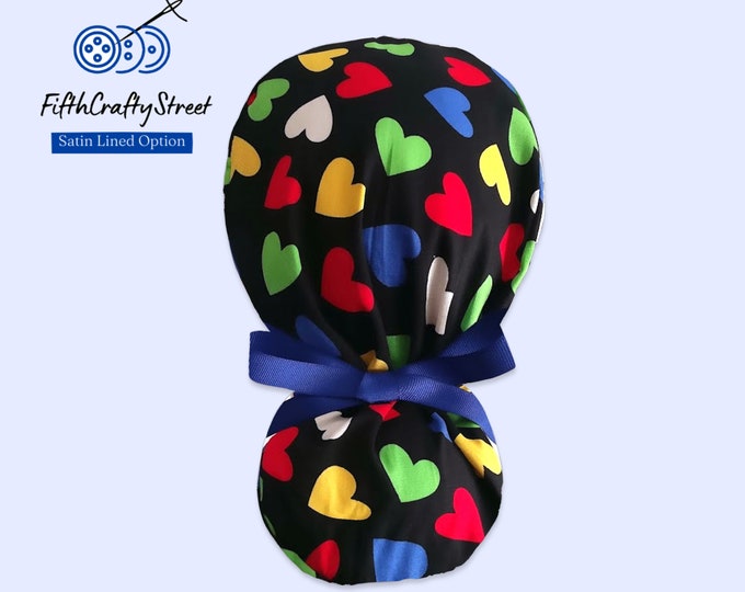 hearts print navy Ponytail Scrub Cap for Women - Surgical Cap Satin Lined Option - FifthCraftyStreet