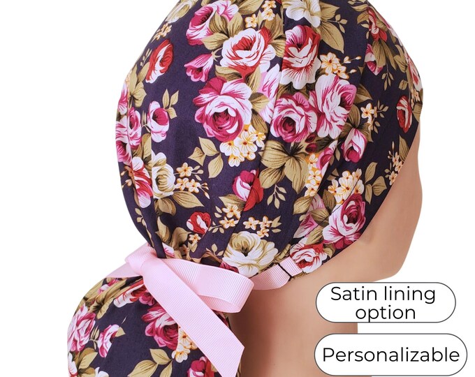 Ponytail Scrub Cap with Satin Lining, Buttons and Personalize option : Burgundy Rose Floral