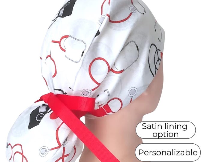 Stethoscope Ponytail Scrub Cap for Women - Blood Pressure Monitor Surgical Cap with Satin Lining option - FifthCraftyStreet