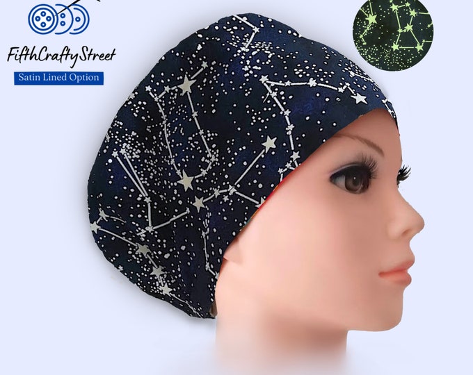 Surgical Scrub Caps Glow-in-the Dark - Constellation - Space - Stars - Satin Lined option - FifthCraftyStreet