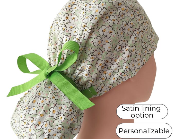 Floral Ponytail Scrub Cap for Women - Surgical Cap with Satin Lining Option - lightweight Cotton - FifthCraftyStreet
