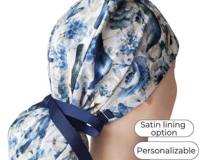 Ponytail Scrub Cap - Surgical Cap - Satin Lining Option - Bird Blue - FifthCraftyStreet