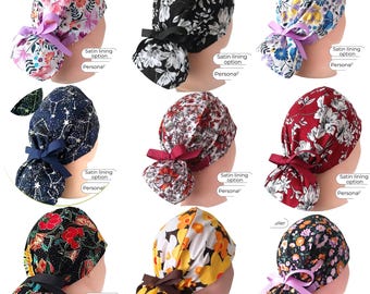 Satin-Lined Ponytail Scrub Cap with Buttons: Personalized Nurse Gift