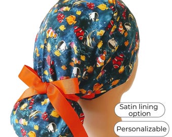 Satin Lined Scrub Cap Ponytail style - Deep Ocean  Colorful Fish