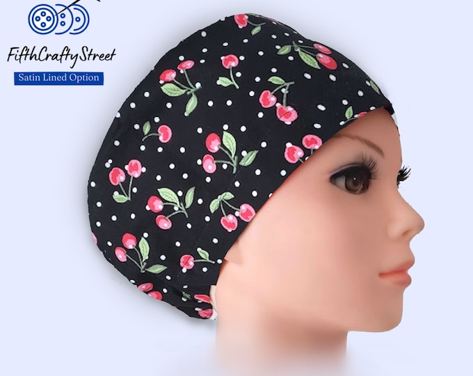 Euro Style Scrub Cap - Adjustable - Satin Lining option - Cherry on black - FifthCraftyStreet