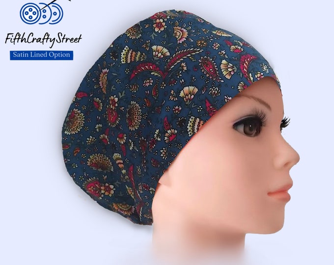 Euro Scrub Cap - Blue Paisley- Gold - Adjustable - Satin Lined option - FifthCraftyStreet