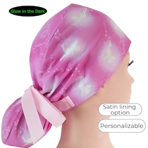 Glow in the Dark Scrub Cap - pixies pink - Satin Lining options - FifthCraftyStreet