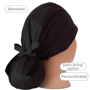 Solid Black Ponytail Scrub Cap for Women with Satin Lined Option