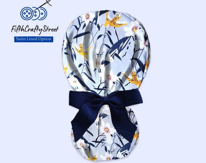 Gray Floral - Ponytail Scrub Cap for Women - Floral Surgical Cap with Satin Lining Option - FifthCraftyStreet