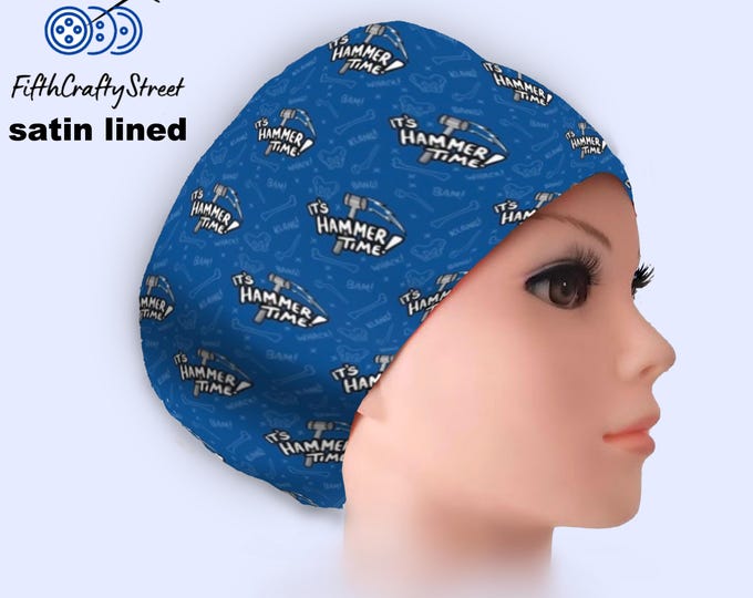 Ortho Hammer Time Blue - Euro Scrub Cap Satin lined - Adjustable - FifthCraftyStreet