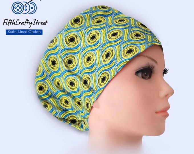 Euro Scrub Cap for Women - African Sunset - Surgical Cap Satin Lined Option - Snake Circle Patterns - FifthCraftyStreet