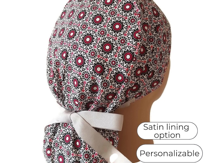 Satin Lined Scrub Cap Ponytail style - Mandala Surgical Cap for Women - FifthCraftyStreet