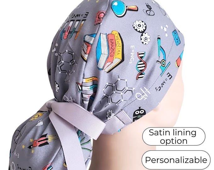 Tech Microscope  - Ponytail Scrub Cap for Women - Surgical Hat Satin Lined Option