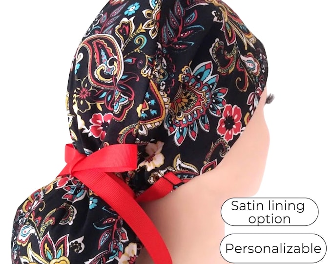 Floral Ponytail Scrub Cap for Women - Surgical Cap with Ponytail Holder - Satin Lining Option - FifthCraftyStreet