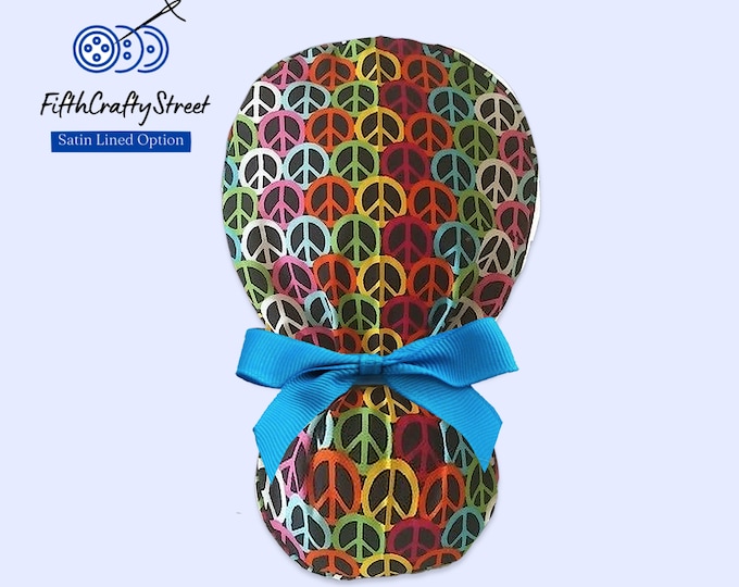 Peace Sign Ponytail Scrub Cap for Women - Surgical Cap Satin Lined Option - FifthCraftyStreet
