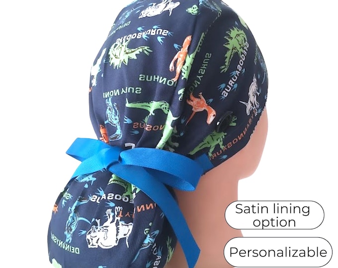 Dinosaur Scrub Cap for Long Hair - Surgical Cap with Silky Satin Lining Option - FifthCraftyStreet