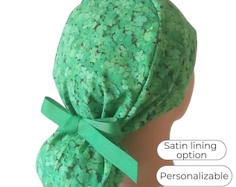 St Patrick's Day Ponytail Scrub Cap for Women - Surgical Hat Satin Lined Option