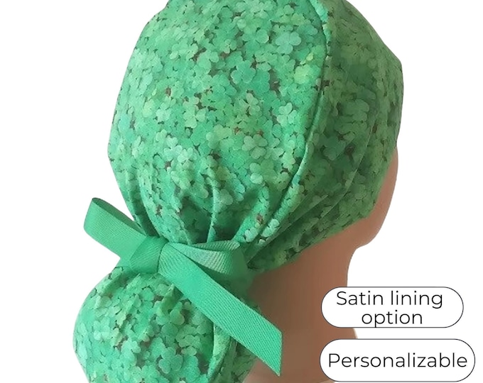 St Patrick's Day Ponytail Scrub Cap for Women - Surgical Hat Satin Lined Option