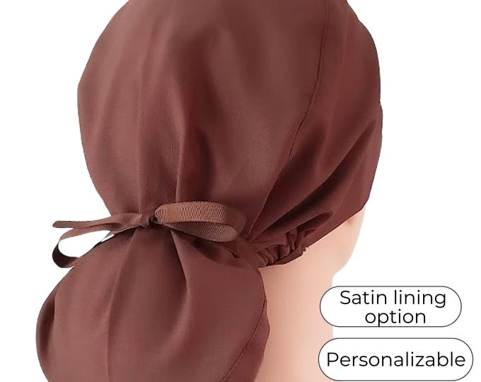 Solid Brown Ponytail Scrub Cap for Women - Surgical Cap with Satin Lined Option - FifthCraftyStreet