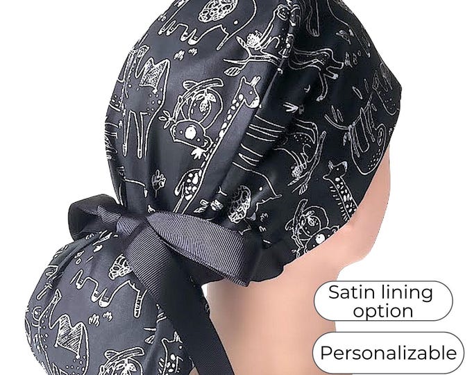 Ponytail Scrub Cap Satin Lined Personalized Surgical Cap for Women : Black Animal Print