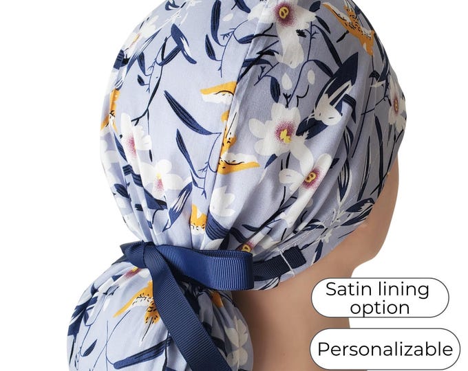 Floral Ponytail Scrub Cap: Gray Cotton Surgical Hat with Satin Lining